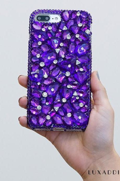 Purple Stones Genuine Crystals Diamond Sparkle Bling Easy Grip Protective Case For iPhone X XS Max XR 7 8 Plus Samsung Galaxy S9 Note 9