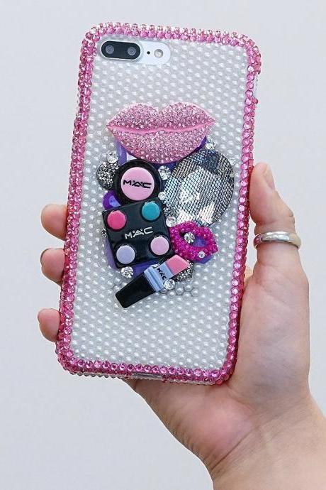 Super Make-up Design Pink Lip Pearls Genuine Crystals Diamond Sparkle Bling Case For iPhone X XS Max XR 7 8 Plus Samsung Galaxy S9 Note 9