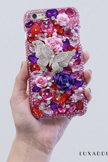 Butterfly Garden Purple Roses Stone Genuine Crystals Diamond Sparkle Bling Case For iPhone X XS Max XR 7 8 Plus Samsung Galaxy S9 Note 9