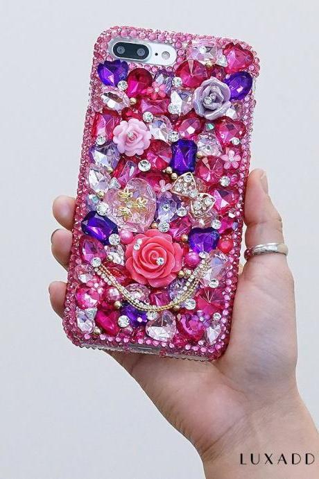 Hot Pink and Lavender Stones Florals Genuine Crystals Diamond Sparkle Bling Case For iPhone X XS Max XR 7 8 Plus Samsung Galaxy S9 Note 9