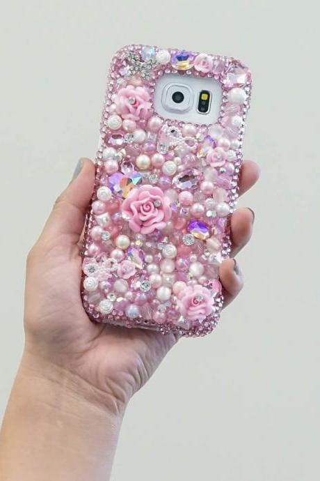 Baby Pink Perls Stones Roses Genuine Crystals Diamond Sparkle Bling Protective Case For iPhone X XS Max XR 7 8 Plus Samsung Galaxy S9 Note 9