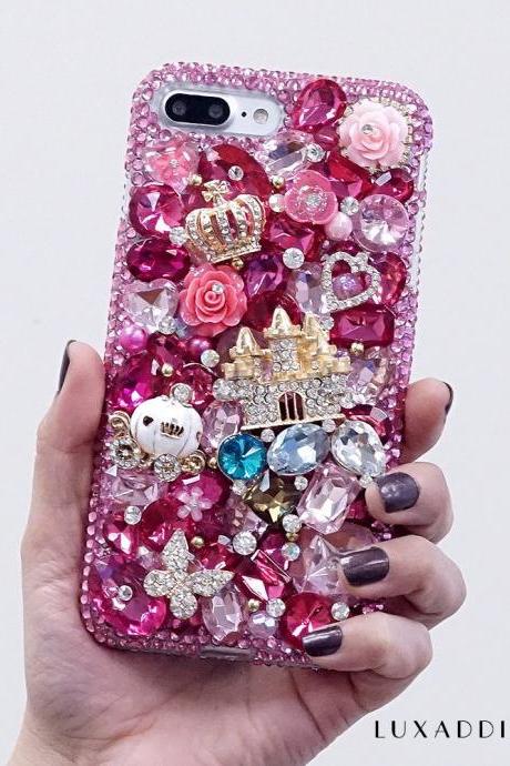 Hot Pink Gold Crown Castle Carriage Genuine Crystals Diamond Sparkle Bling Case For iPhone X XS Max XR 7 8 Plus Samsung Galaxy S9 Note 9