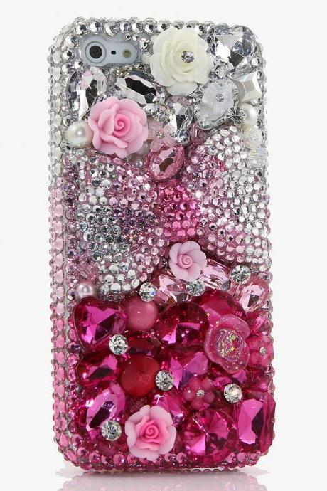 Pink Bow Roses Gem Stones Genuine Clear Crystals Diamond Sparkle Bling Case For iPhone X XS Max XR 7 8 Plus Samsung Galaxy S9 Note 9