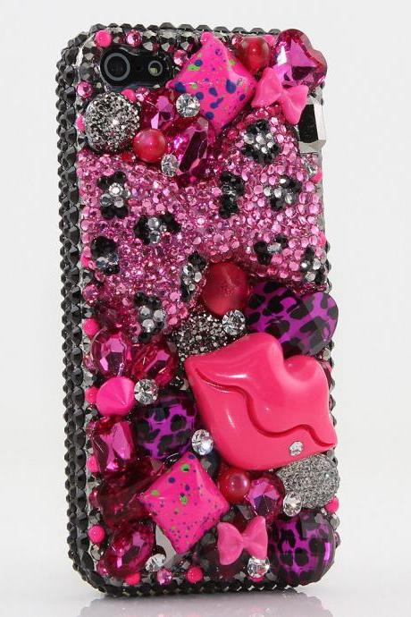 Hot Pink Leopard Bow Red Lips Genuine Black Crystals Diamond Sparkle Bling Case For iPhone X XS Max XR 7 8 Plus Samsung Galaxy S9 Note 9
