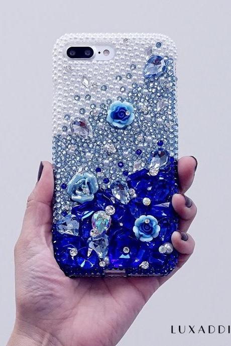 White Pearls Faded to Dark Blue Stones Genuine Crystals Diamond Sparkle Bling Case For iPhone X XS Max XR 7 8 Plus Samsung Galaxy S9 Note 9