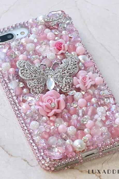 Baby Pink Butterfly White Pearls Genuine Crystals Diamond Sparkle Bling Case For iPhone X XS Max XR 7 8 Plus Samsung Galaxy S9 Note 9