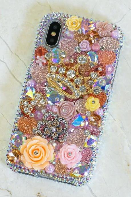 Golden Crown Orange Roses Rainbow Stone Genuine Crystals Diamond Sparkle Bling Case For iPhone X XS Max XR 7 8 Plus Samsung Galaxy S9 Note 9