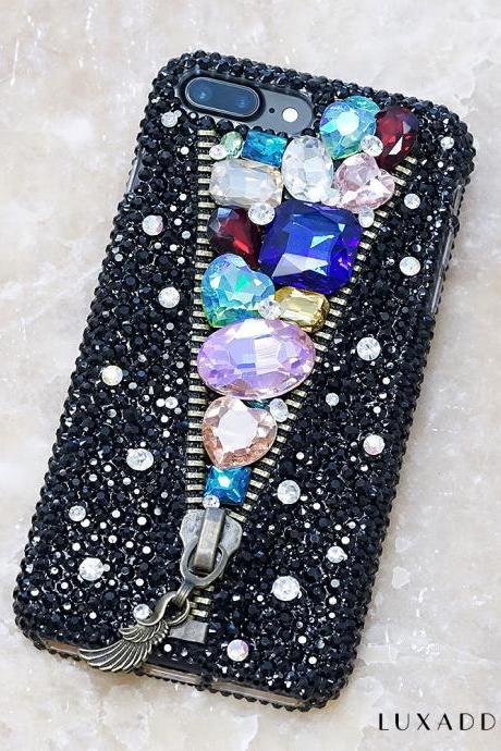 Zipper Design Rainbow Stones Genuine Crystals Diamond Sparkle Bling Case For iPhone X XS Max XR 7 8 Plus Samsung Galaxy S9 Note 9
