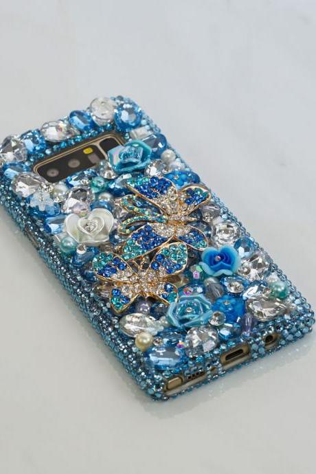 Aqua Blue Double Butterfly Flowers Genuine Crystals Diamond Sparkle Bling Case For iPhone X XS Max XR 7 8 Plus Samsung Galaxy S9 Note 9