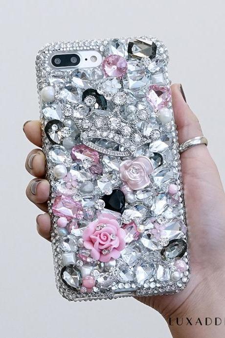 Tiaras Trinkets Silver Diamond Pink Roses Genuine Clear Crystals Sparkle Bling Case For iPhone X XS Max XR 7 8 Plus Samsung Galaxy S9 Note 9