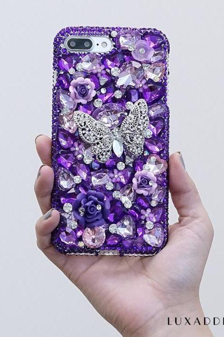 Purple Stones Diamond Butterfly Flowers Genuine Crystals Sparkle Bling Luxury Case For iPhone X XS Max XR 7 8 Plus Samsung Galaxy S9 Note 9