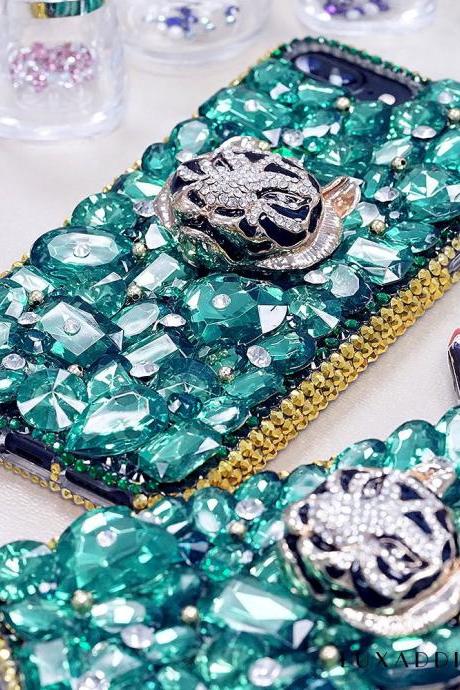 Emerald Green Stones Diamond Tiger Gold Edge Genuine Crystals Sparkle Bling Case For iPhone X XS Max XR 7 8 Plus Samsung Galaxy S9 Note 9