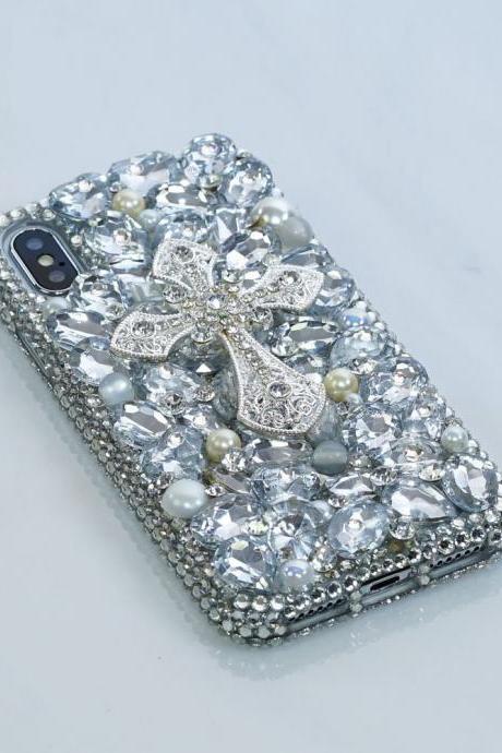 Diamond Silver Cross White Pearls Gem Stones Genuine Crystals Sparkle Bling Case For iPhone X XS Max XR 7 8 Plus Samsung Galaxy S9 Note 9