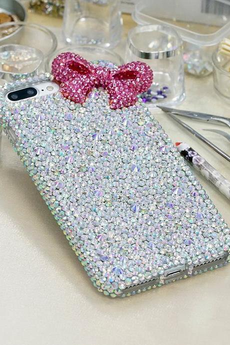 Fuchsia Pink Bow Mixed Sizes Genuine AB Crystals Diamond Sparkle Bling Easy Grip Case For iPhone X XS Max XR 7 8 Plus Samsung Galaxy S9 Note