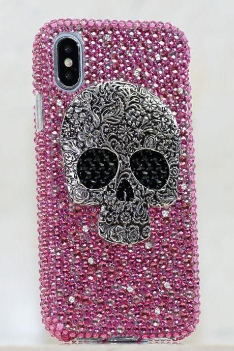 Metallic Skull Genuine Pink Crystals Diamond Sparkle Bling Easy Grip Protective Case For iPhone X XS Max XR 7 8 Plus Samsung Galaxy S9 Note