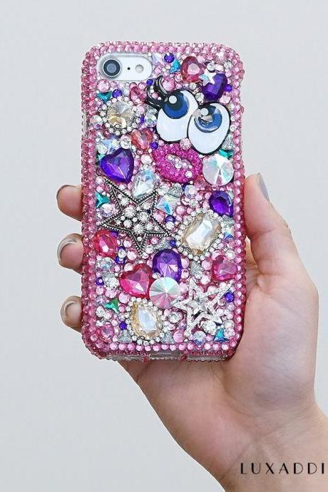 Hot Pink Super Star Gold Gem Stones Genuine Crystals Diamond Sparkle Bling Case For iPhone X XS Max XR 7 8 Plus Samsung Galaxy S9 Note 9