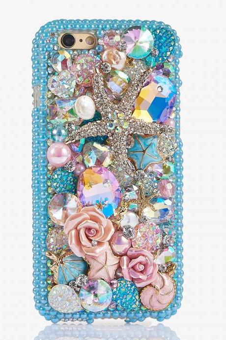 Aqua Blue Pearls Reef Sea Star Roses Genuine Crystals Diamond Sparkle Bling Case For iPhone X XS Max XR 7 8 Plus Samsung Galaxy S9 Note 9