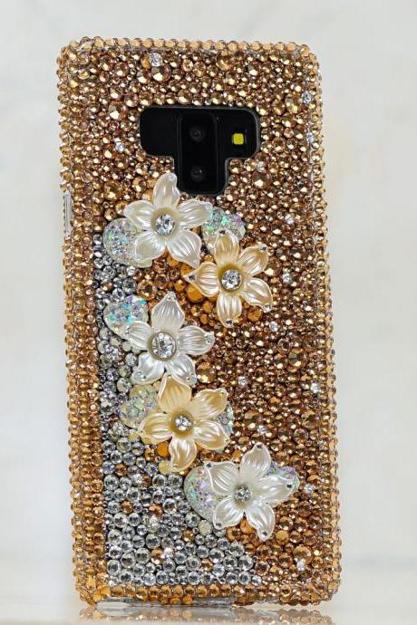 Bling Golden Posies Flowers Genuine Crystals Clear Diamond Sparkle Protective Case For iPhone X XS Max XR 7 8 Plus Samsung Galaxy S9 Note 9