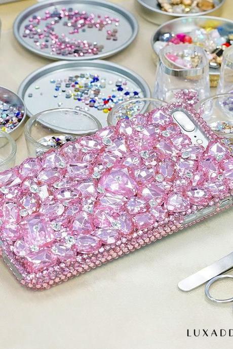 Bling Baby Pink Gem Stones Genuine Crystals Diamond Sparkle Easy Grip Protective Case For iPhone X XS Max XR 7 8 Plus Samsung Galaxy S9 Note