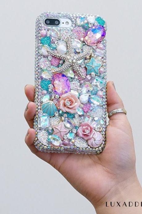 Bling Reef Garden Sea Horse Pink Roses Stones Genuine Crystals Diamond Sparkle Case For iPhone X XS Max XR 7 8 Plus Samsung Galaxy S9 Note 9