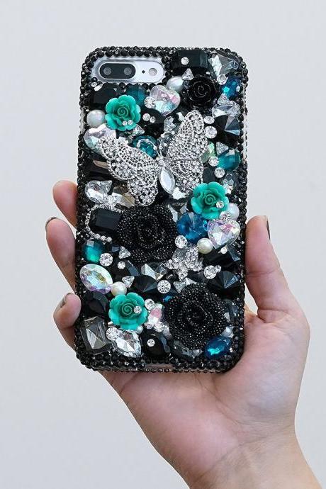 Bling Butterfly Turquoise Roses Flowers Genuine Black Crystals Diamond Sparkle Case For iPhone X XS Max XR 7 8 Plus Samsung Galaxy S9 Note 9