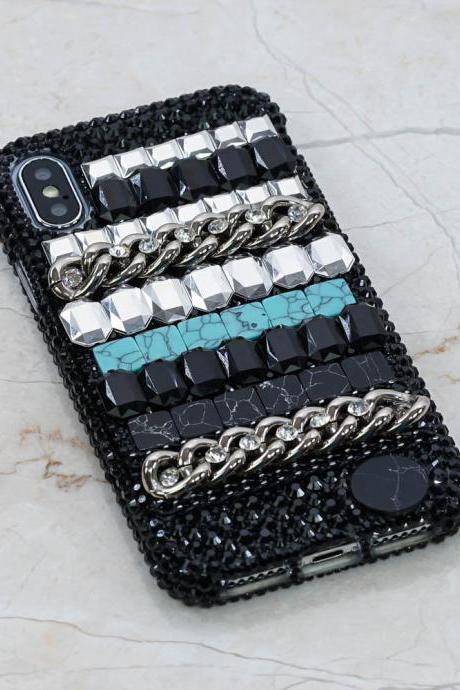 Bling Black Marble Design Turquoise Stones Genuine Crystals Diamond Sparkle Case For iPhone X XS Max XR 7 8 Plus Samsung Galaxy S9 Note 9