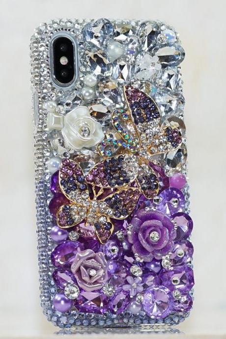 Bling Lavender Butterfly Rose Florals Genuine Purple Crystals Diamond Sparkle Case For iPhone X XS Max XR 7 8 Plus Samsung Galaxy S9 Note 9