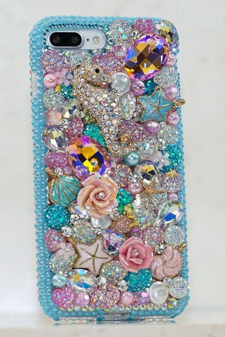 Bling Sea Horse Floral Rose Garden Blue Reef Genuine Crystals Diamond Sparkle Case For iPhone X XS Max XR 7 8 Plus Samsung Galaxy S9 Note 9