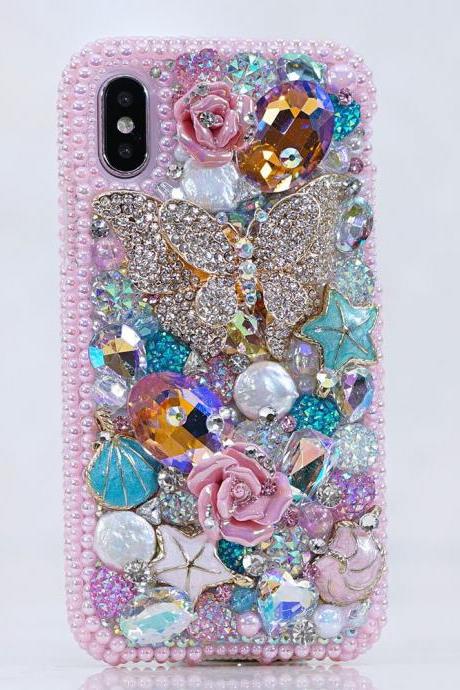 Bling Butterfly Paradise Pink Pearls Rose Genuine Crystals Diamond Sparkle Case For iPhone X XS Max XR 7 8 Plus Samsung Galaxy S9 Note 9