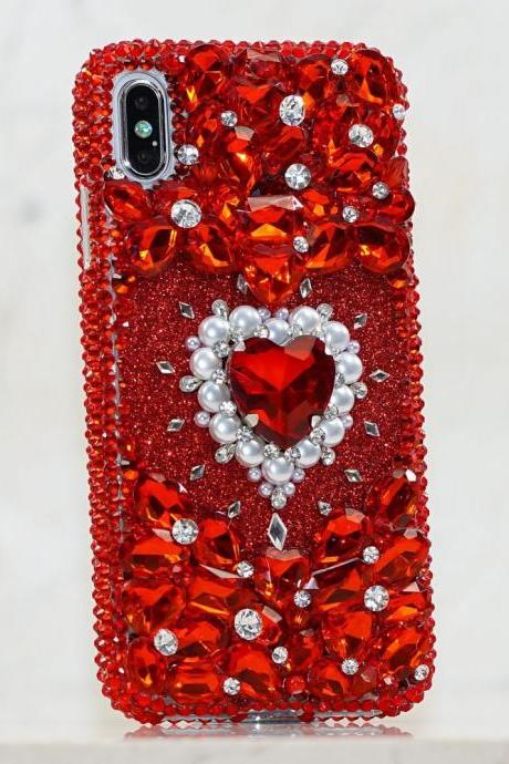 Bling Bright Red Gem Stones Genuine Crystals Diamond Heart Sparkle Glitter Case For iPhone X XS Max XR 7 8 Plus Samsung Galaxy S9 Note 9