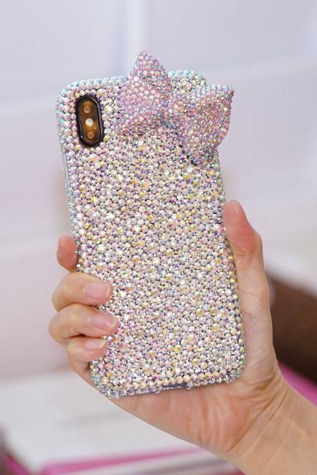 Bling Baby Pink Bow Genuine AB Crystals Diamond Sparkle Easy Grip Case Cover For iPhone X XS Max XR 7 8 Plus Samsung Galaxy S9 S8 Plus Note