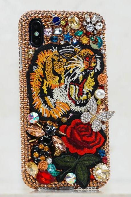 Tiger Rose Pearls Tattoo Gold Genuine Copper Crystals Diamond Sparkle Case For iPhone X XS Max XR 7 8 Plus Samsung Galaxy S9 Note 9 / 8