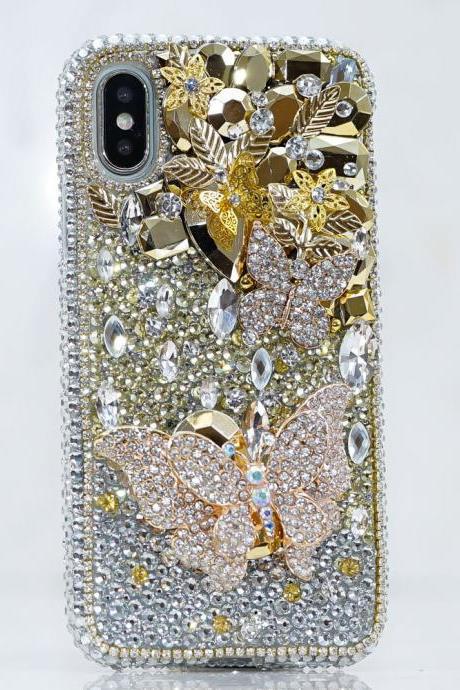 Bling Golden Butterfly Clear Gem Stones Genuine Crystals Diamond Sparkle Case For iPhone X XS Max XR 7 8 Plus Samsung Galaxy S9 Plus Note 9