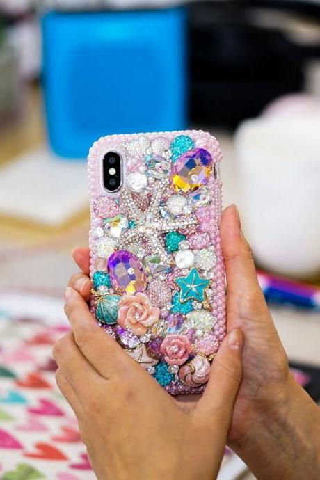 Golden Sea Star Reef Shell Pink Roses Genuine Crystals Diamond Sparkle Case For iPhone X XS Max XR 7 8 Plus Samsung Galaxy S9 Plus Note 9 8