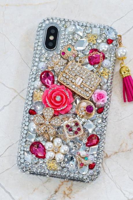 Fashion Purse Roses Flowers Tassel Phone Charm Genuine Crystals Diamond Sparkle Case For iPhone X XS Max XR 7 8 Plus Samsung Galaxy S9 Note