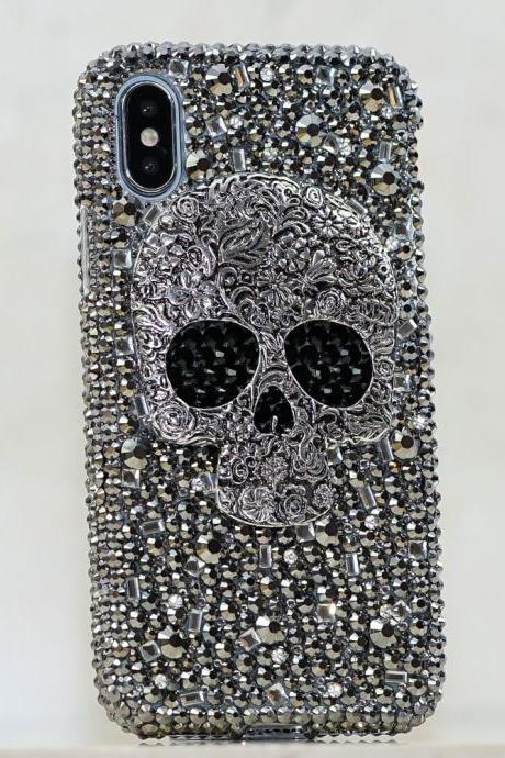 Bling Metallic Skull Design Genuine Crystals Diamond Sparkle Case For iPhone X XS Max XR 7 8 Plus Samsung Galaxy S9 Plus Note 9 / 8