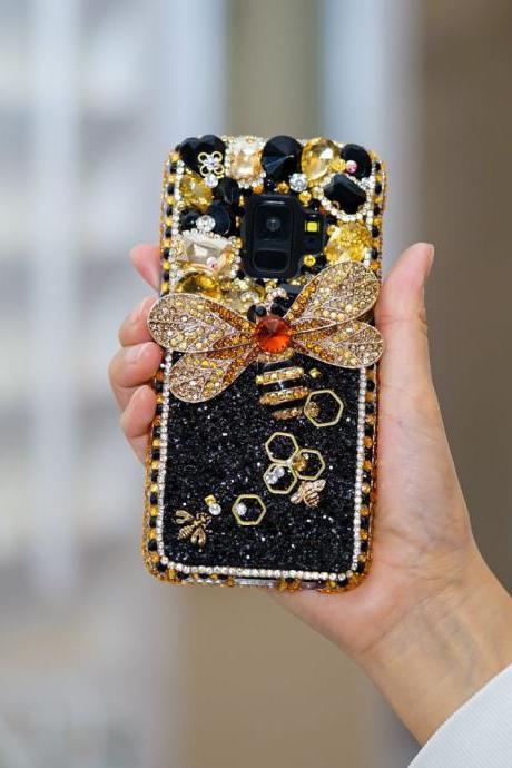 Bling Bumblebee Gold Stones Gems Genuine Crystals Diamond Sparkle Black Case For iPhone X XS Max XR 7 8 Plus Samsung Galaxy S9 S8 Note 9 / 8