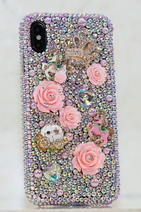 Bling Fairytale Princess Genuine Baby Pink Crystals Roses Crown Diamond Sparkle Case For iPhone X XS Max XR 7 8 Plus Samsung Galaxy Note