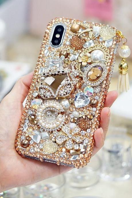 Bling Golden Glory Design with Tassel Phone Charm Genuine Crystals Diamond Sparkle Case For iPhone X XS Max XR 7 8 Plus Samsung Galaxy Note
