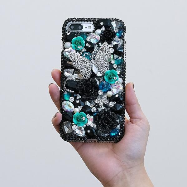 Bling Butterfly Turquoise Roses Flowers Genuine Black Crystals Diamond Sparkle Case For iPhone X XS Max XR 7 8 Plus Samsung Galaxy S9 Note 9