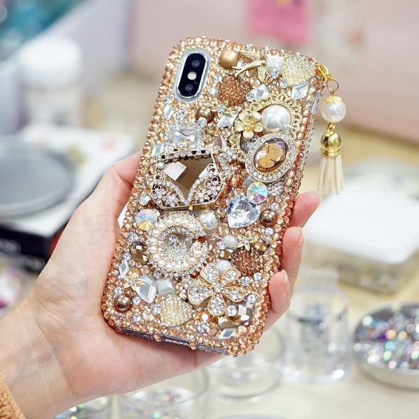 Bling Golden Glory Design with Tassel Phone Charm Genuine Crystals Diamond Sparkle Case For iPhone X XS Max XR 7 8 Plus Samsung Galaxy Note